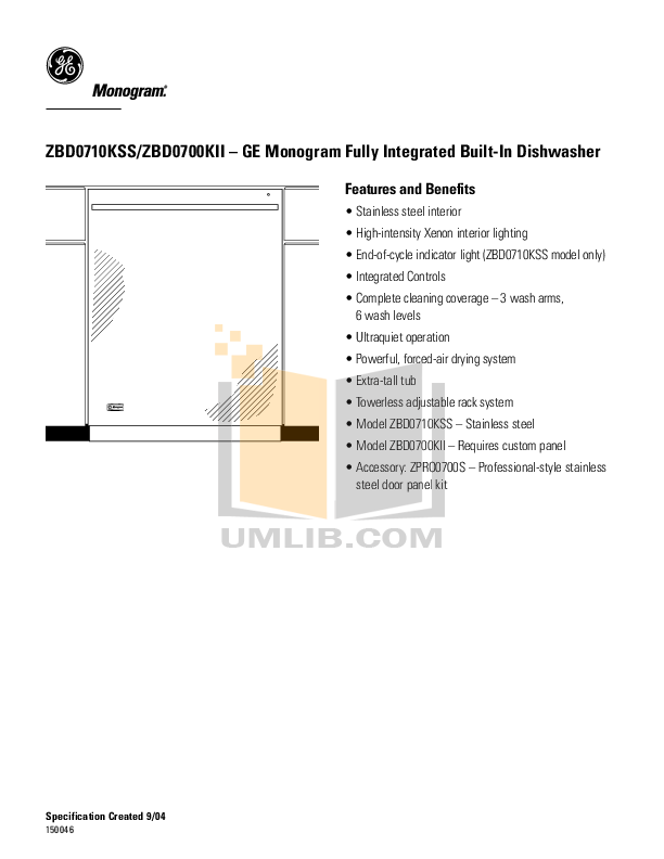 PDF manual for GE Dishwasher Monogram ZBD0710KSS