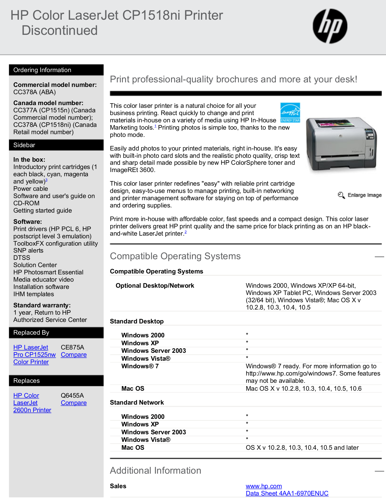 Download free pdf for HP Laserjet,Color Laserjet CP1518ni Printer manual