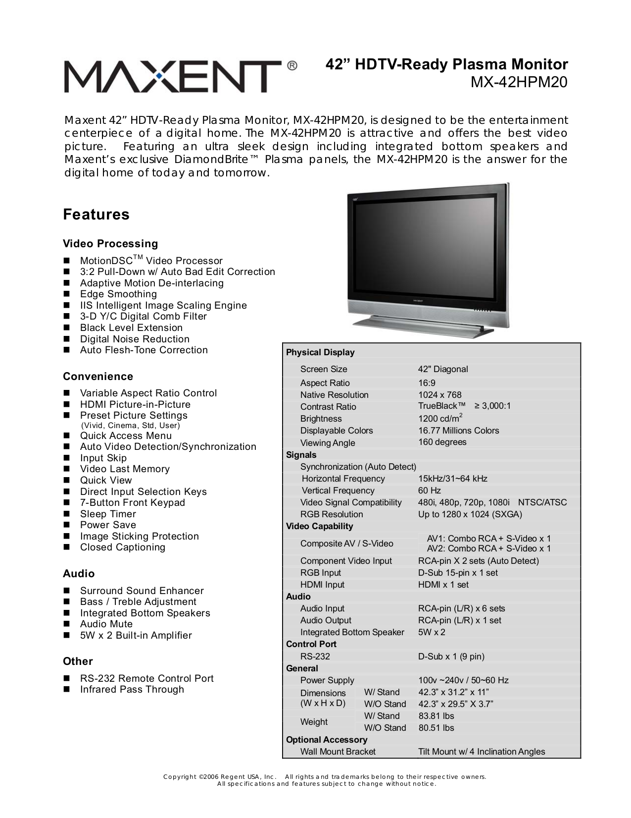 Download free pdf for Maxent MX-42HPM20 TV manual