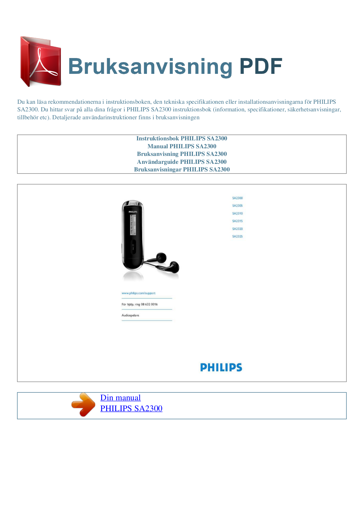 Download free pdf for Philips SA2325 MP3 Player manual