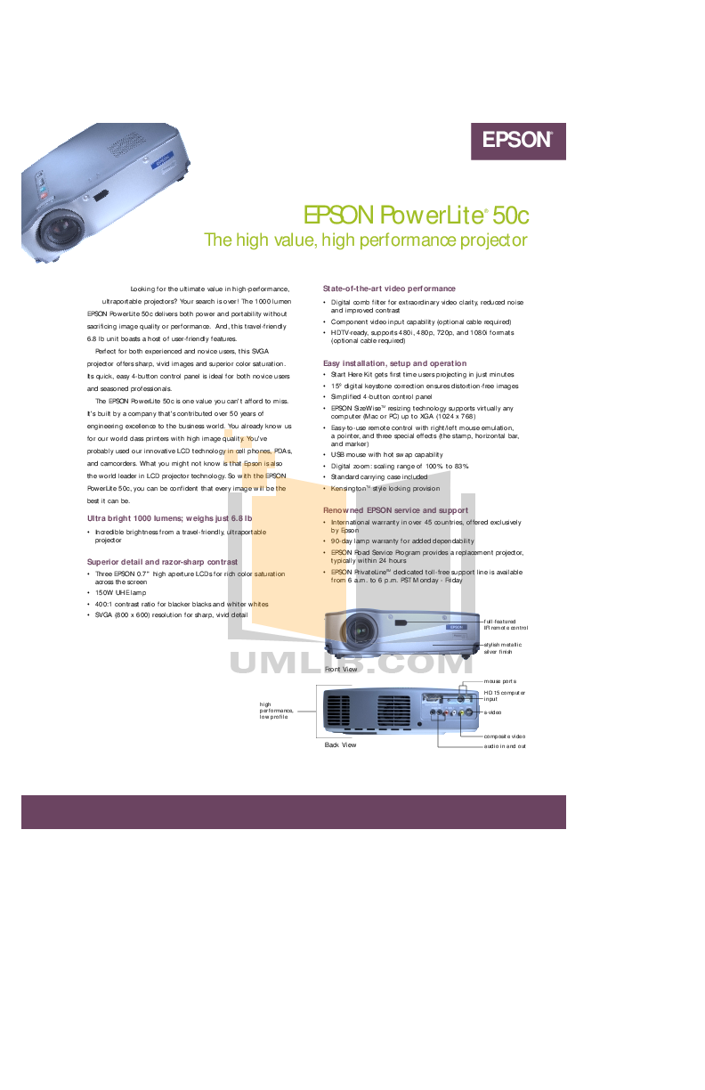 Download free pdf for Epson PowerLite 50c Projector manual