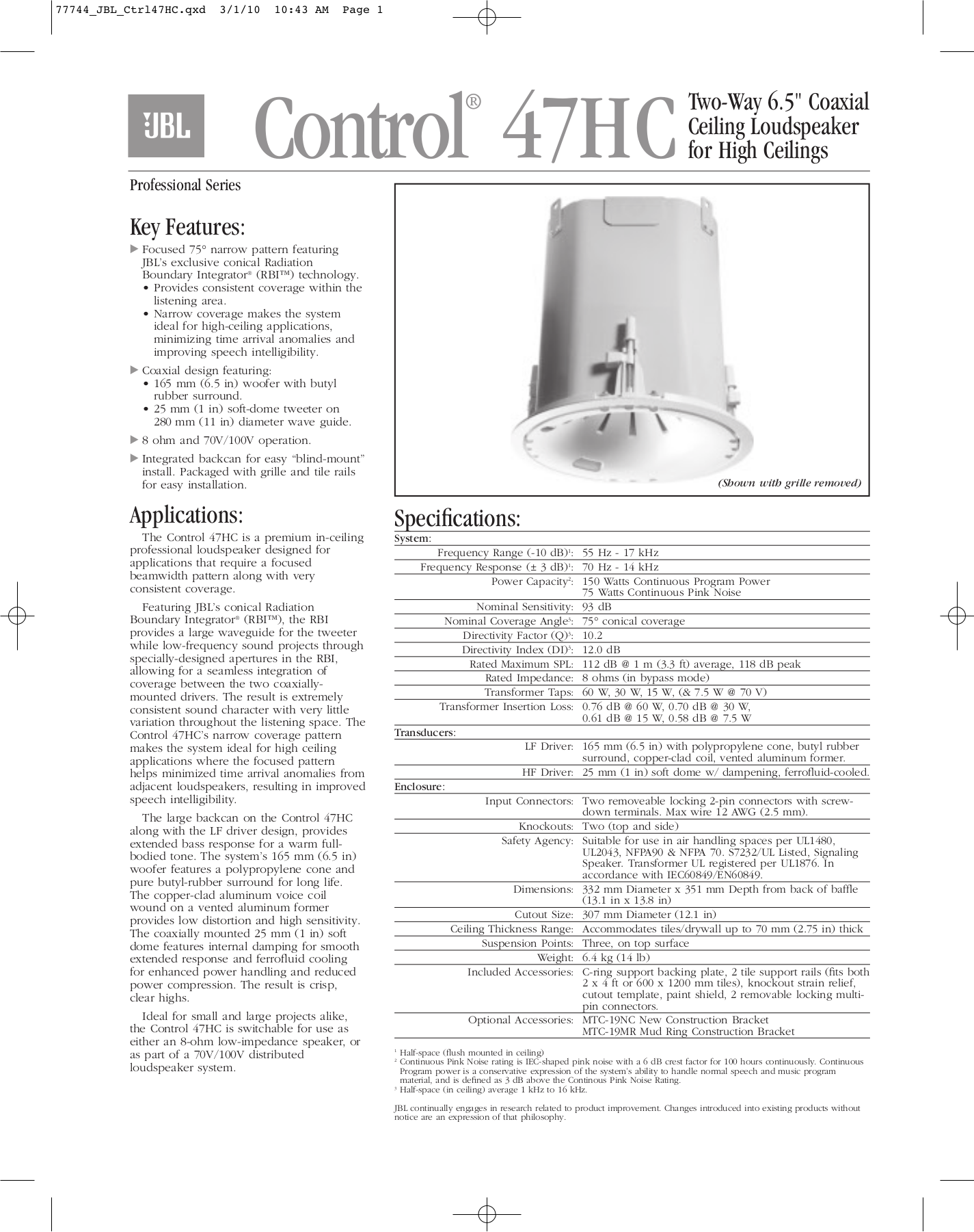 PDF manual for JBL Speaker Control Control 47HC