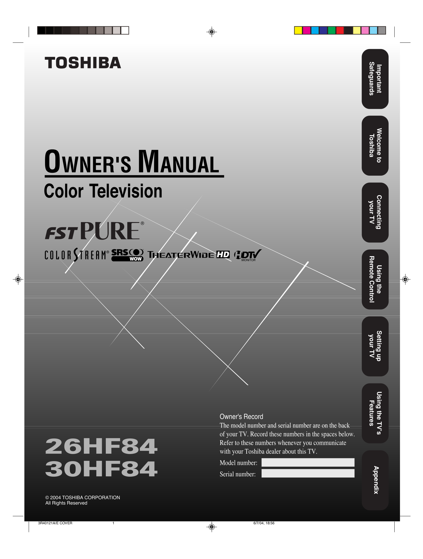 Download free pdf for Toshiba 26HF84 TV manual