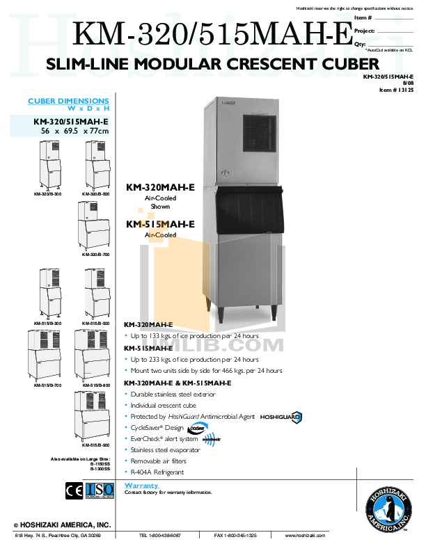 PDF manual for Hoshizaki Other KM-515MAH Cuber Machines