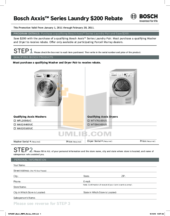 PDF manual for Bosch Washer Axxis WAS20160UC