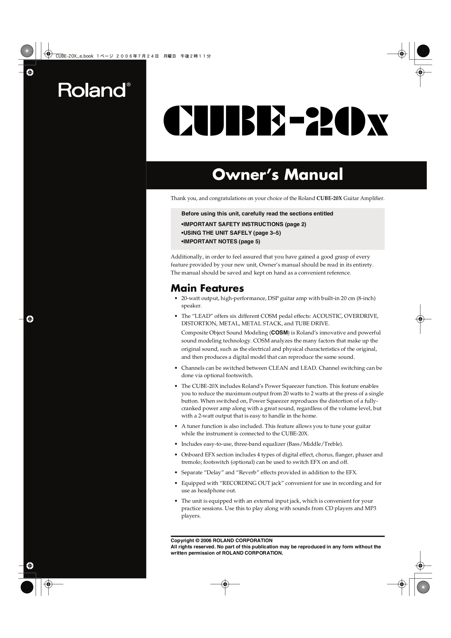 Download free pdf for Roland CUBE-20x Amp manual