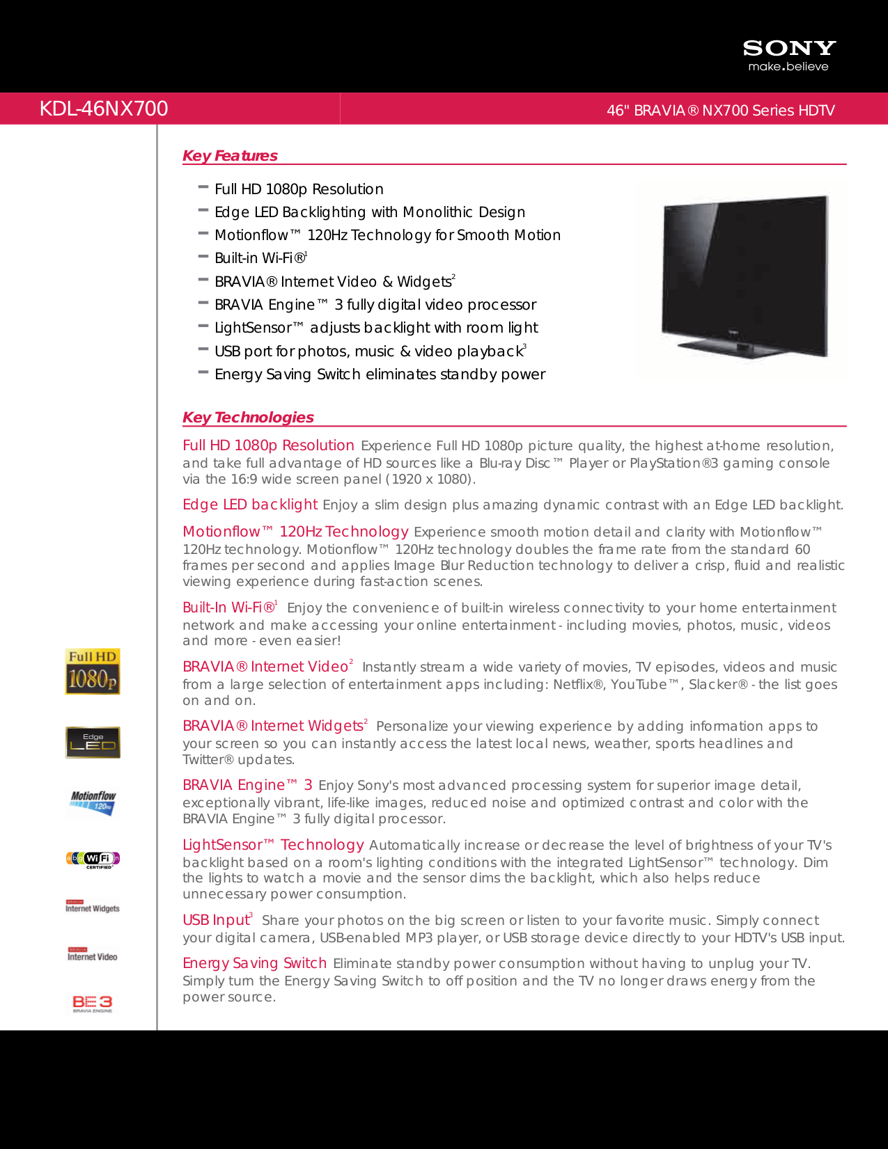 Download free pdf for Sony BRAVIA KDL-46NX700 TV manual