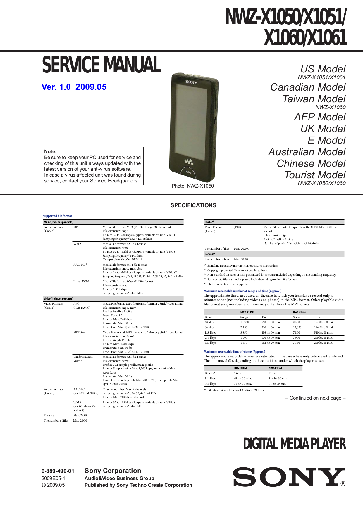 Download free pdf for Sony Walkman NWZX1051 MP3 Player manual