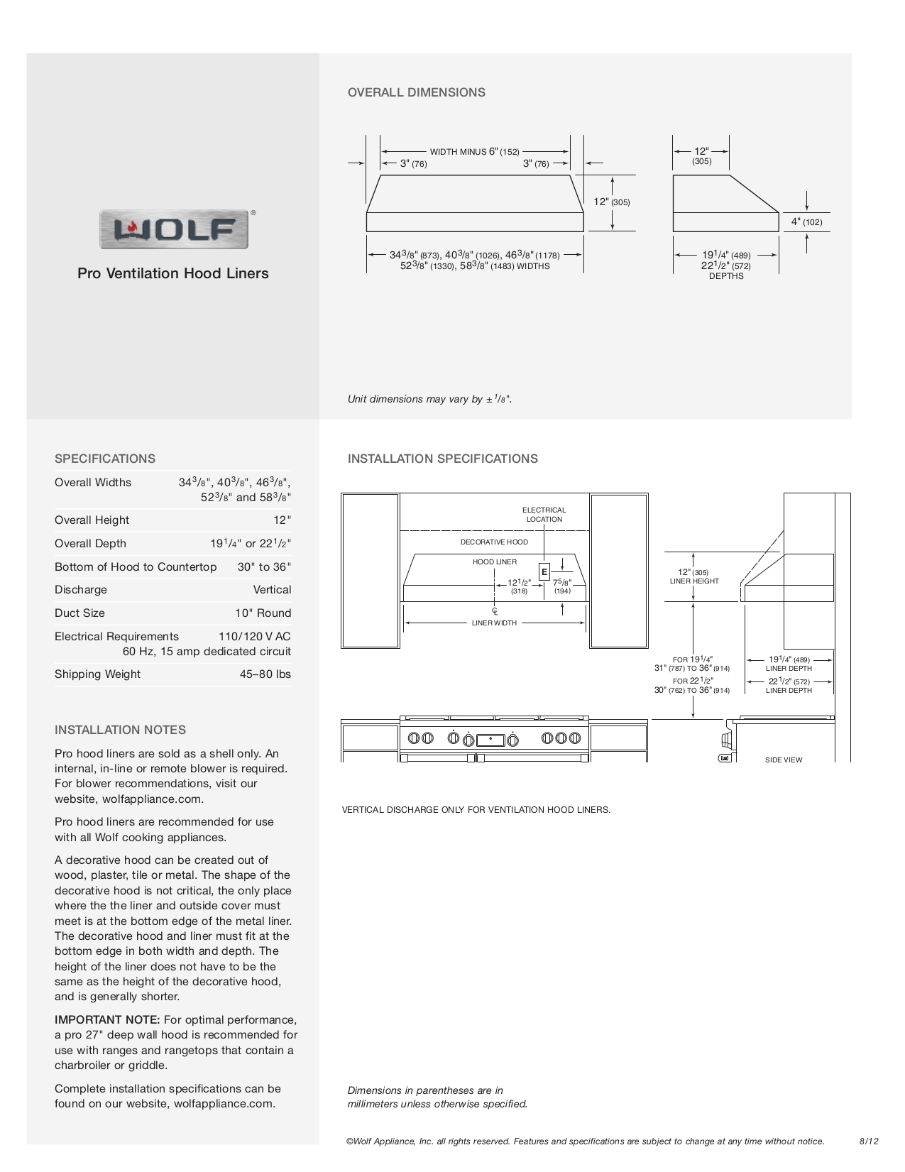 Pdf Manual For Wolf Other Pl522212 Ventilation Hood Liners