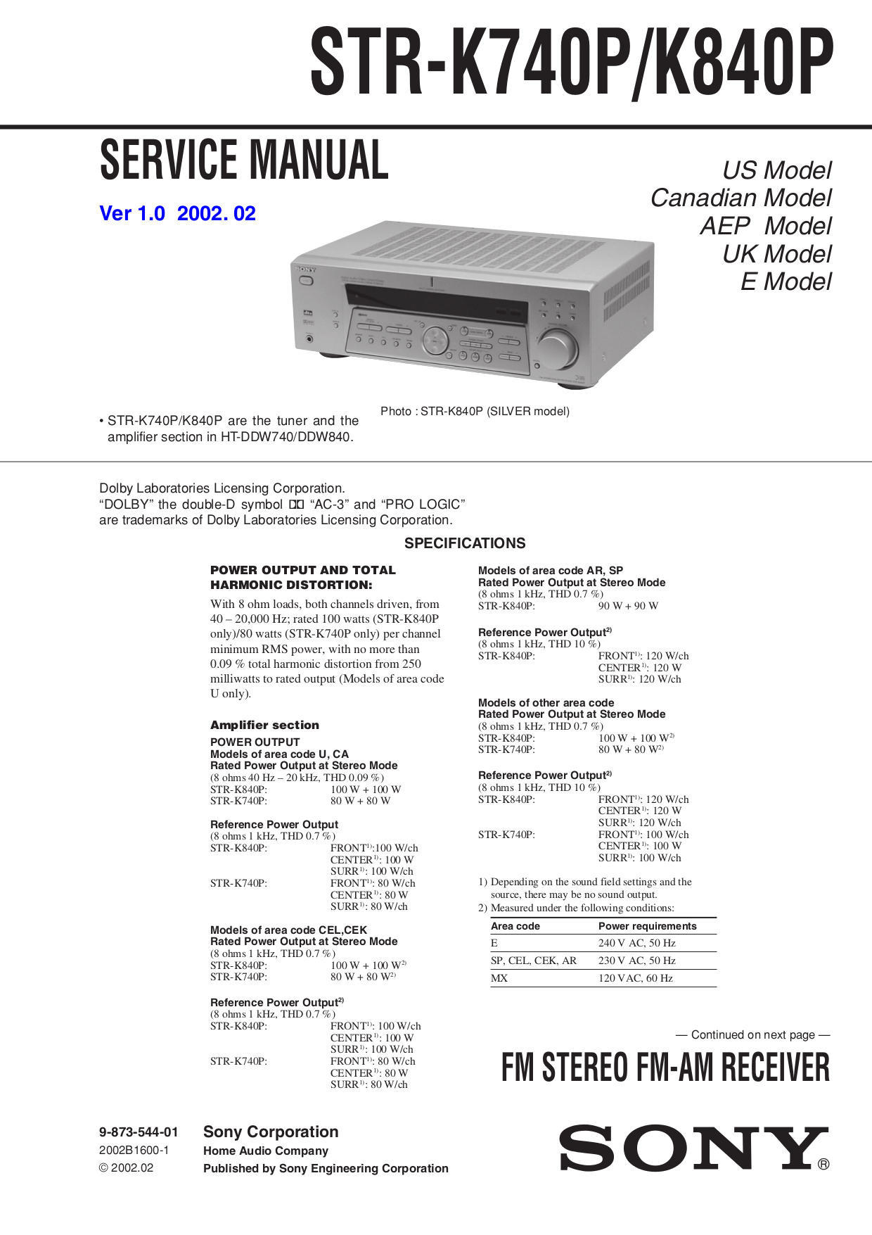 Download free pdf for Sony STR-K740P Receiver manual