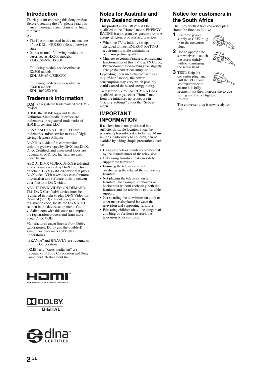 PDF manual for Sony TV BRAVIA KDL32EX500