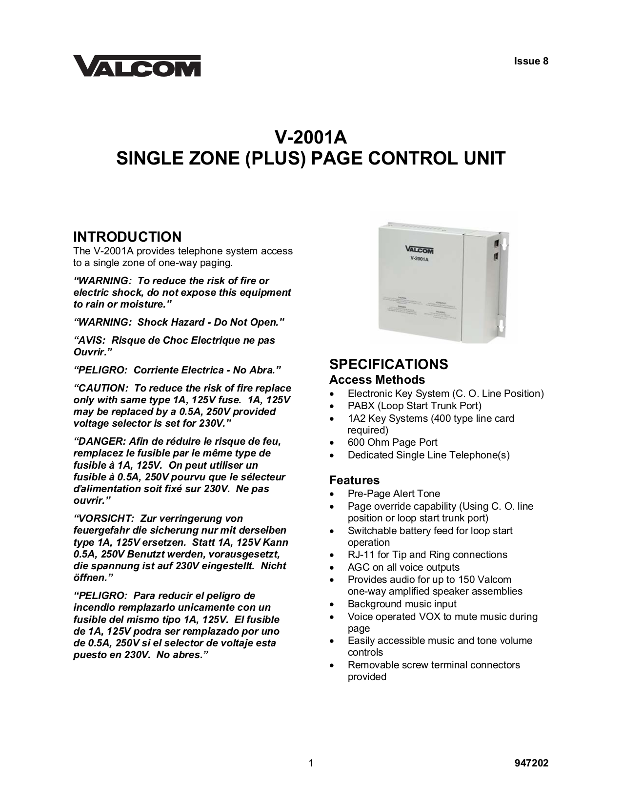 Download free pdf for V2001A Page Control Unit Other manual