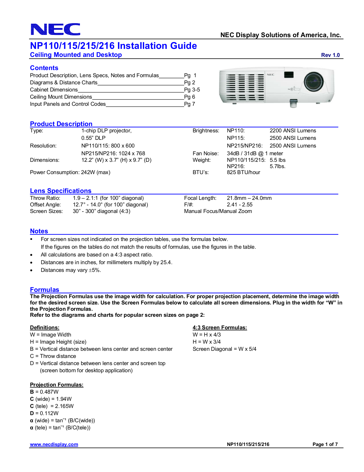 PDF manual for NEC Projector NP110