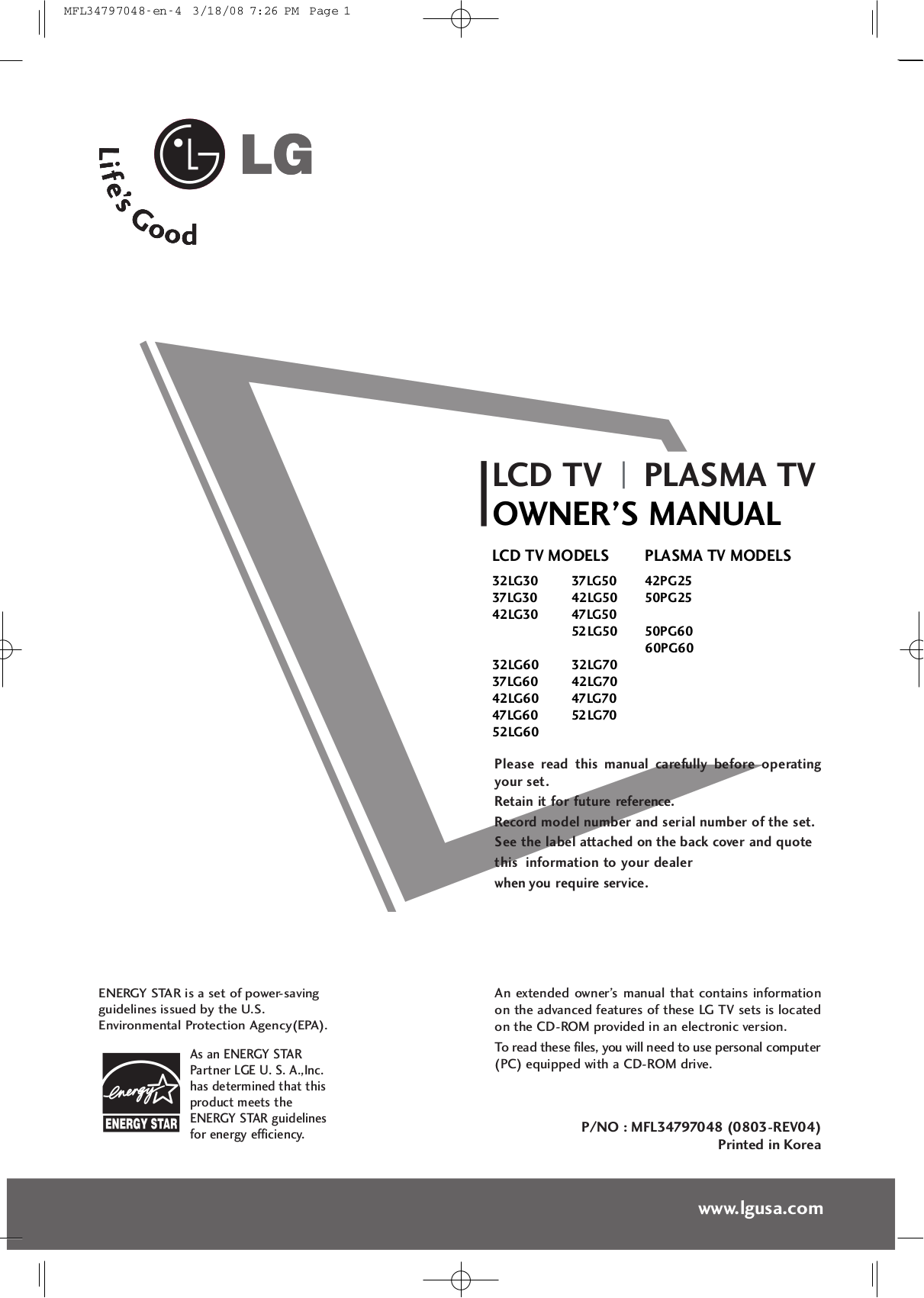 Download free pdf for LG 37LG30 TV manual
