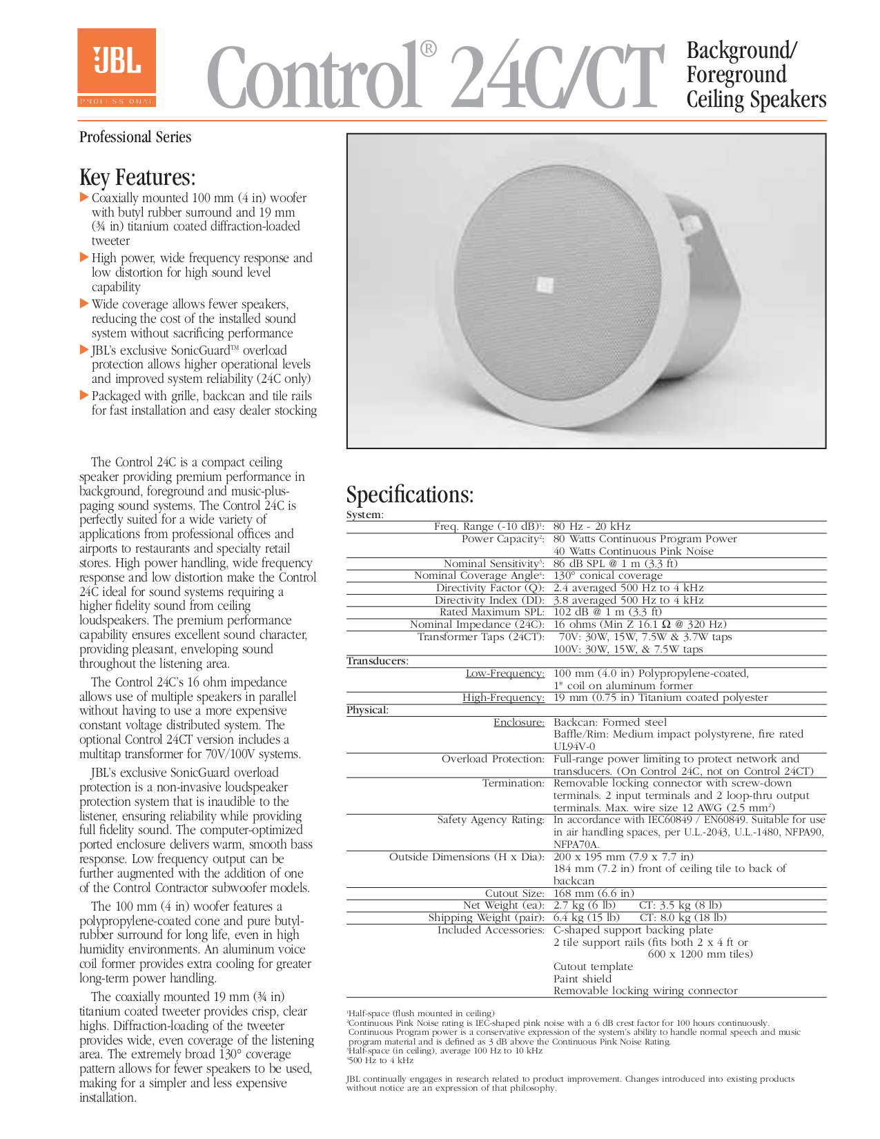 Download free pdf for JBL Control Control 24CT Speaker manual