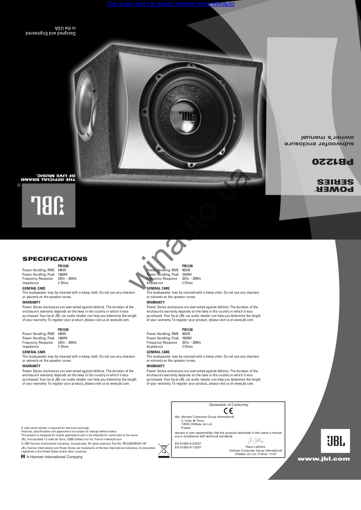 PDF manual for JBL Subwoofer P1222