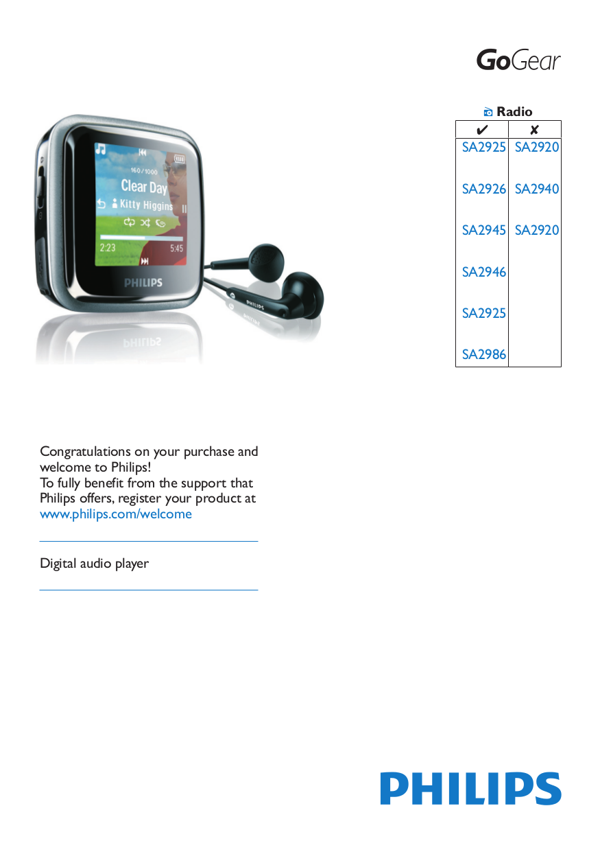 Download free pdf for Philips GoGear SA2925A MP3 Player manual