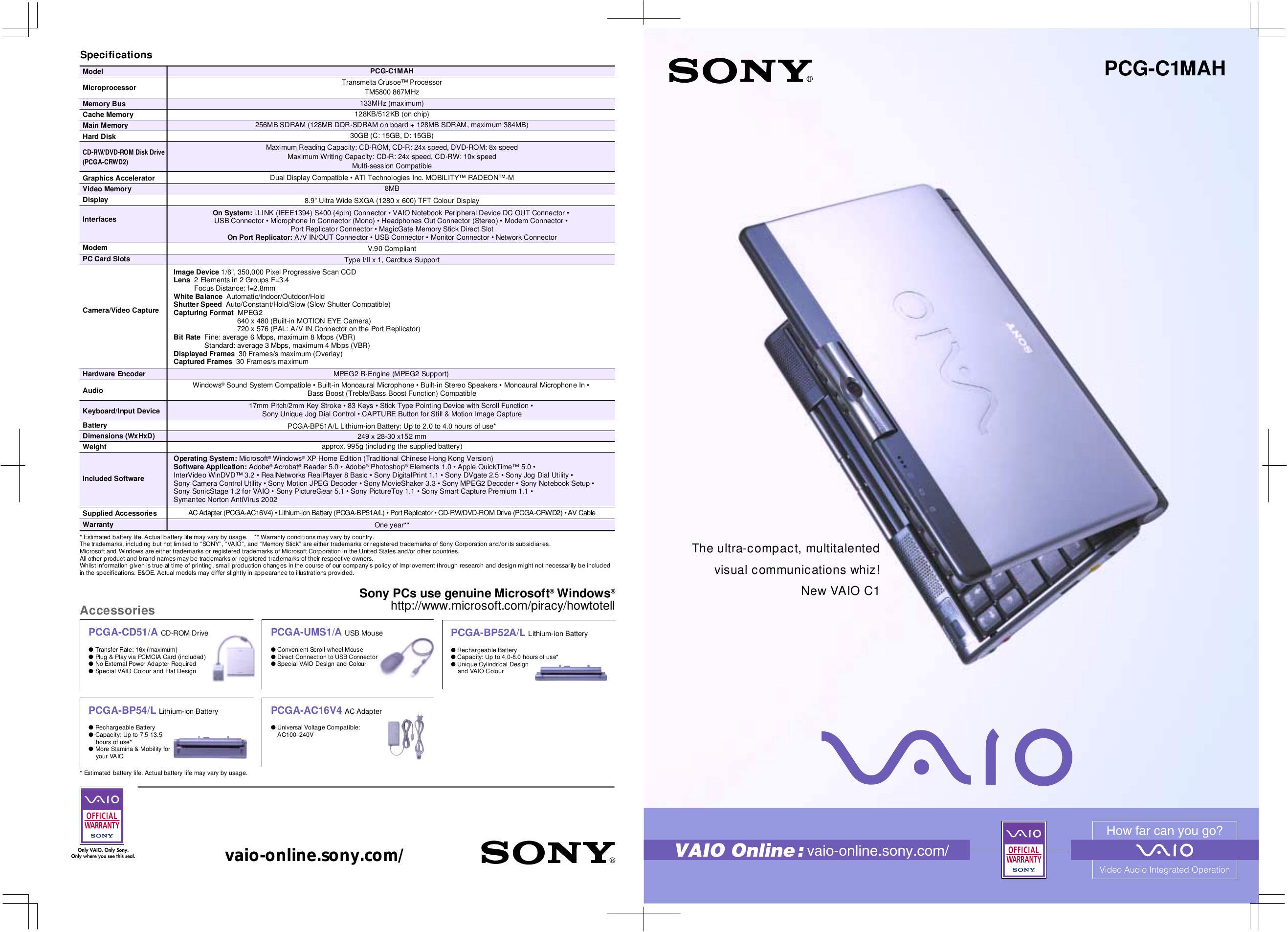PDF manual for Sony Laptop VAIO PCGC1VP