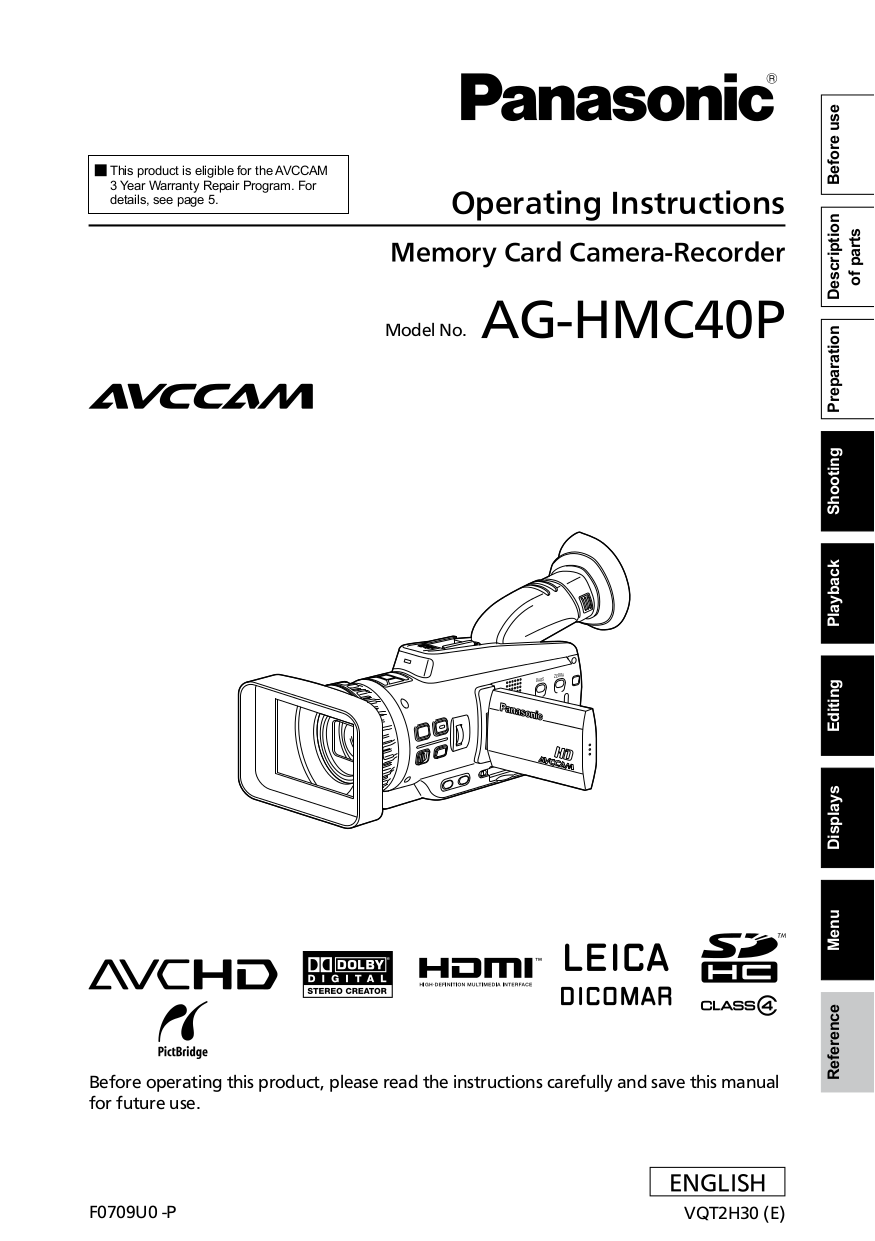 Download free pdf for Panasonic AG-HMC40 Camcorders manual