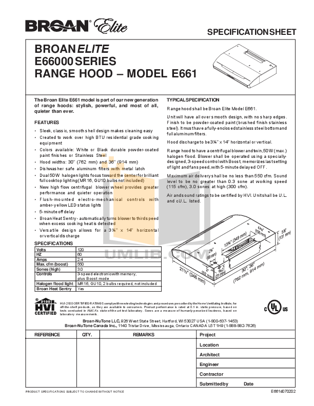 Download free pdf for BroanNuTone Elite Series E661 Hoods Other manual