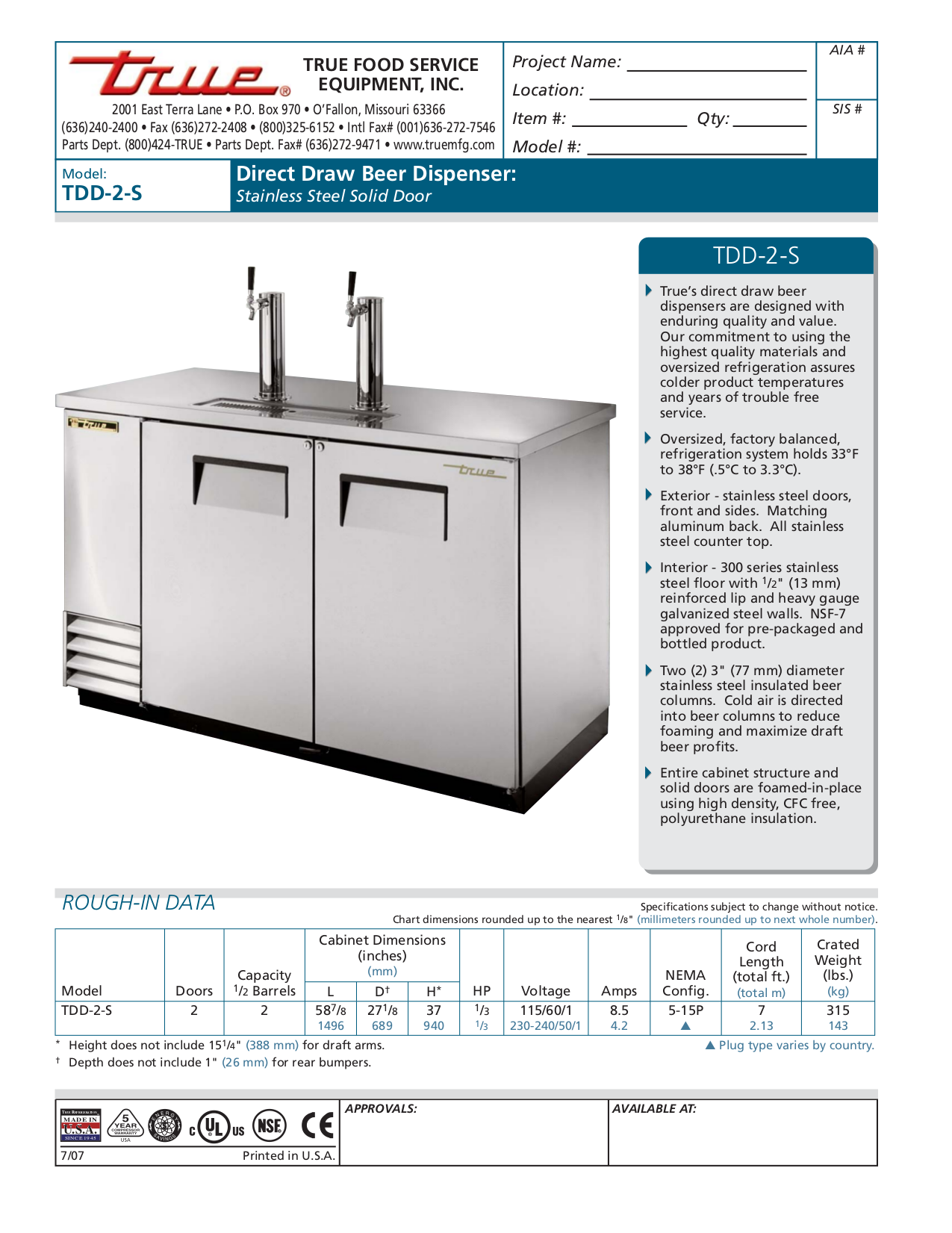 pdf for True Refrigerator TDD-2-S manual