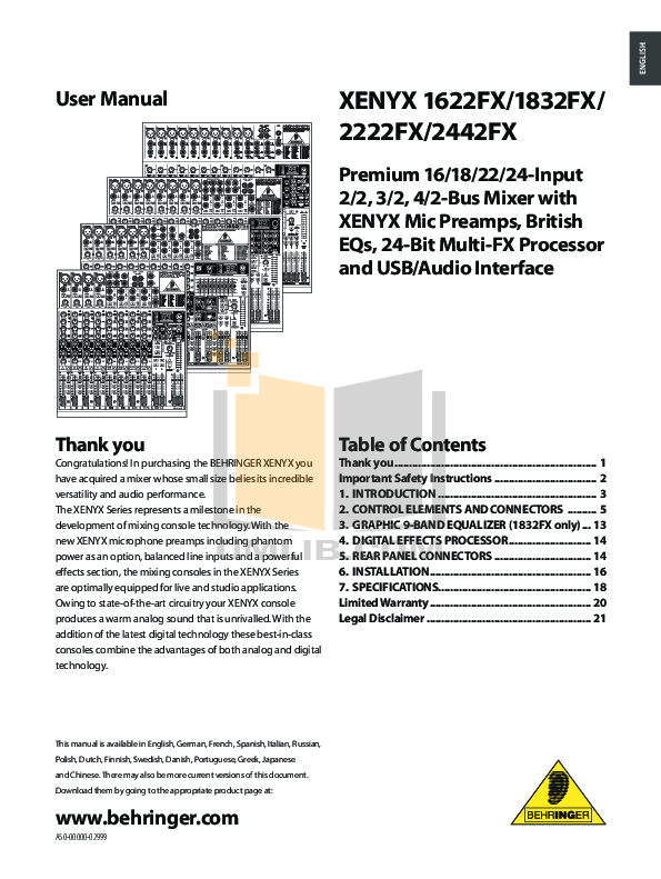 Download free pdf for Behringer Xenyx 1832FX Mixers Other manual