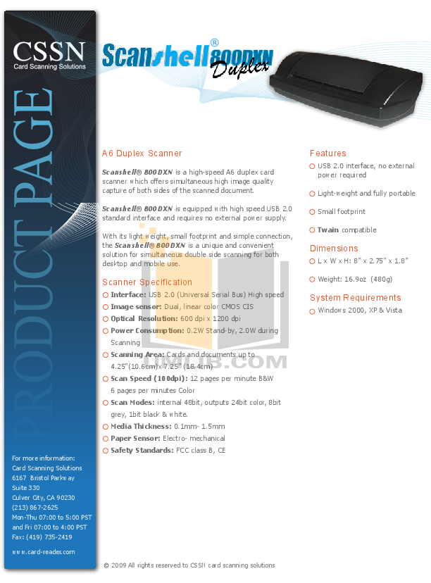 Download free pdf for CSSN ScanShell 800DXN Scanner manual