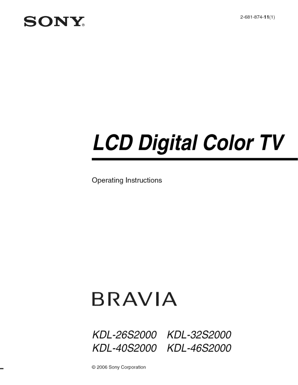 Download free pdf for Sony BRAVIA KDL-26S2000 TV manual