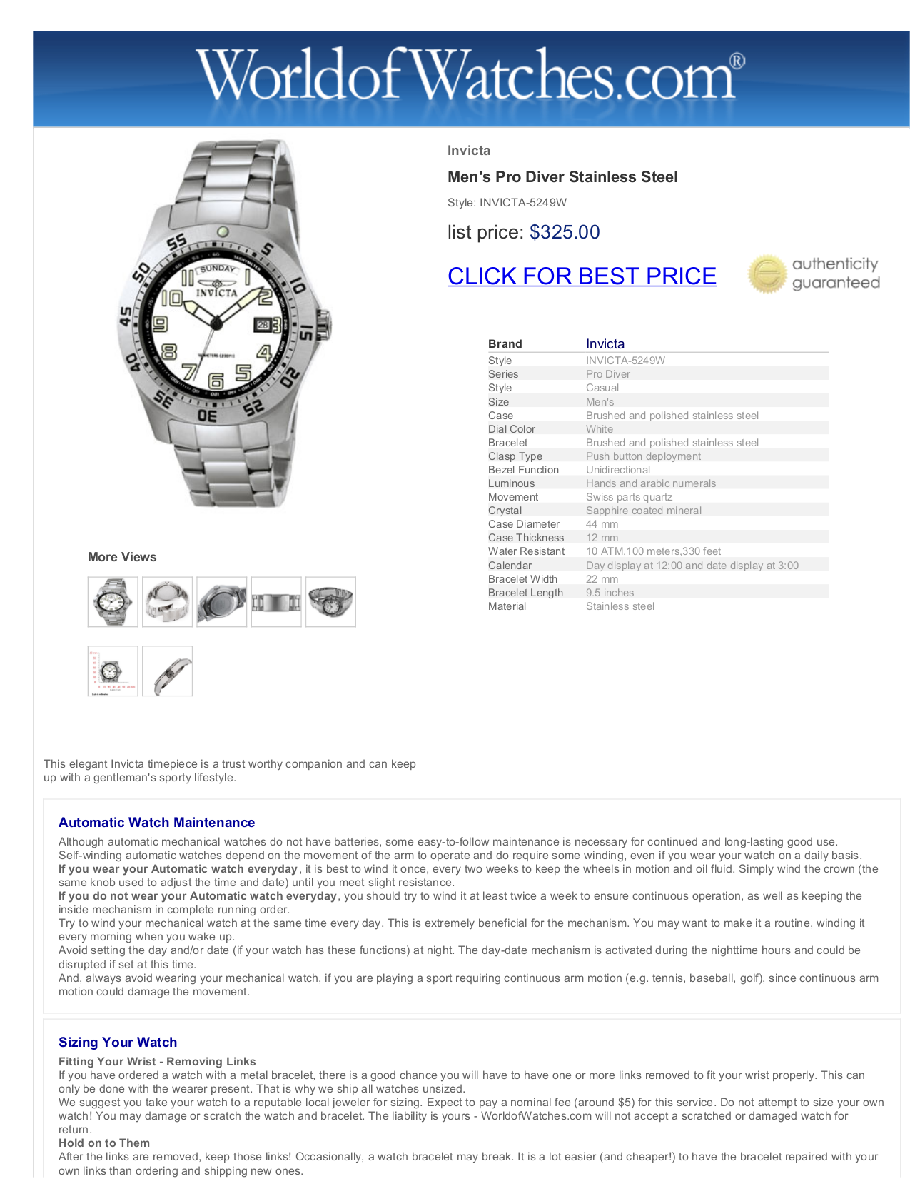 PDF manual for Invicta Watch 5249W