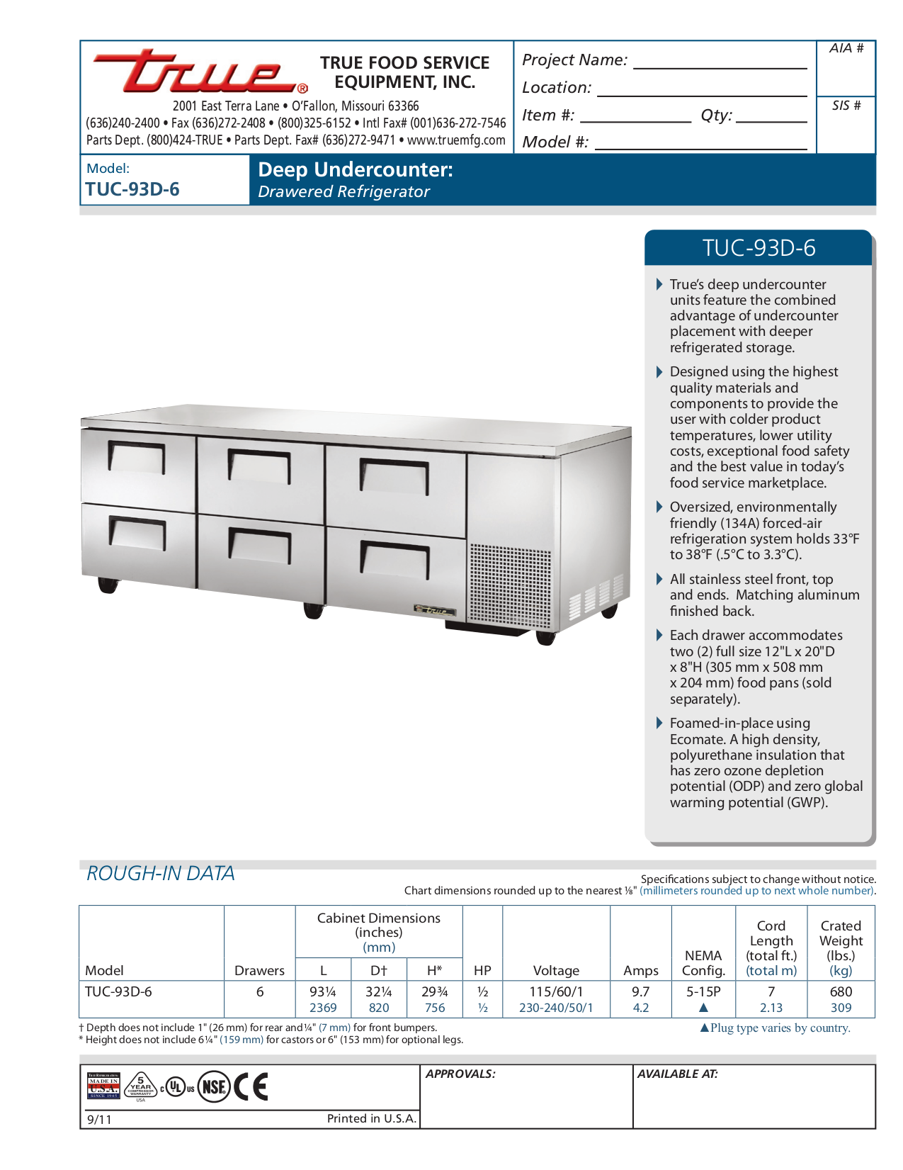 pdf for True Refrigerator TUC-93D-6 manual