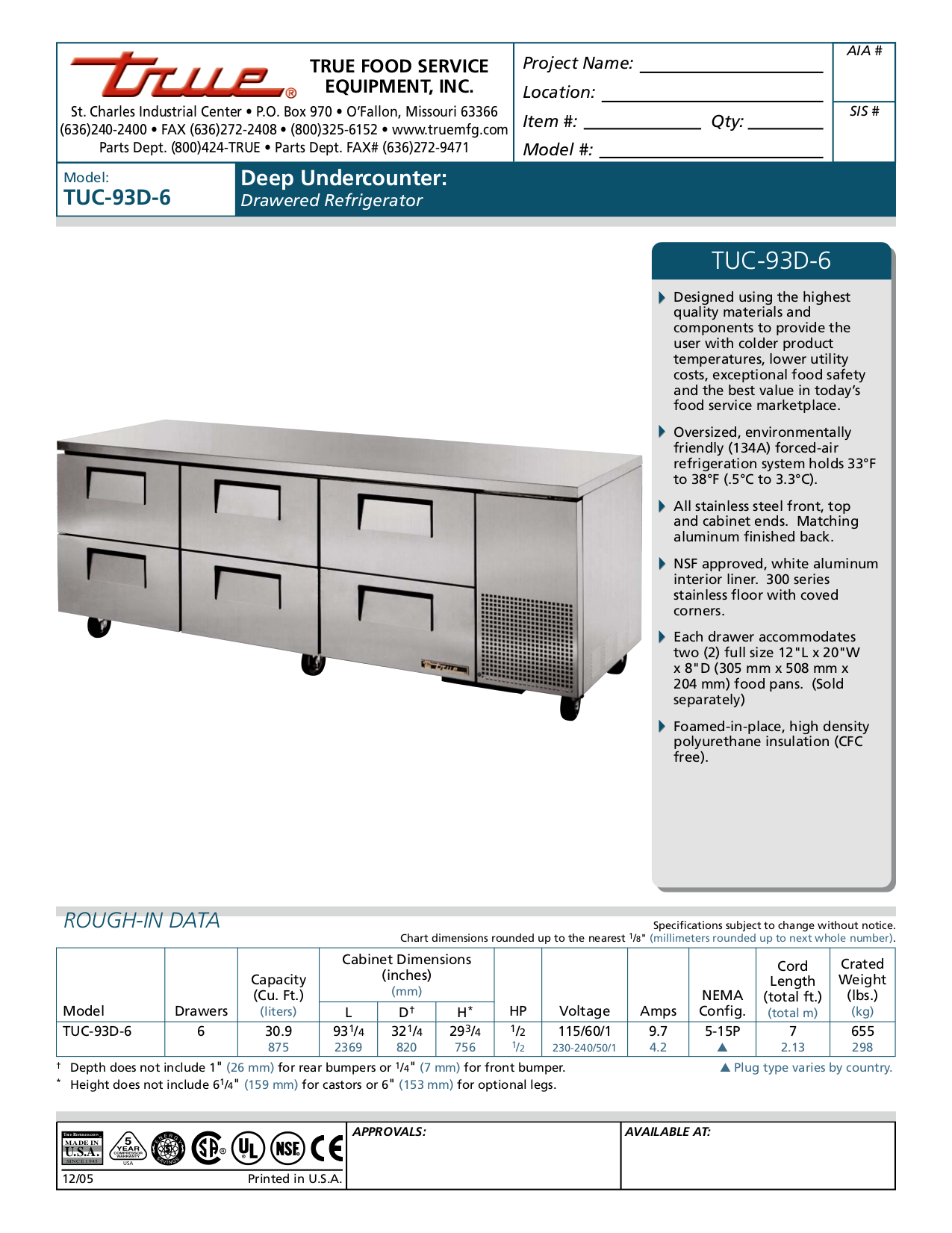 pdf for True Refrigerator TUC-93D-6 manual