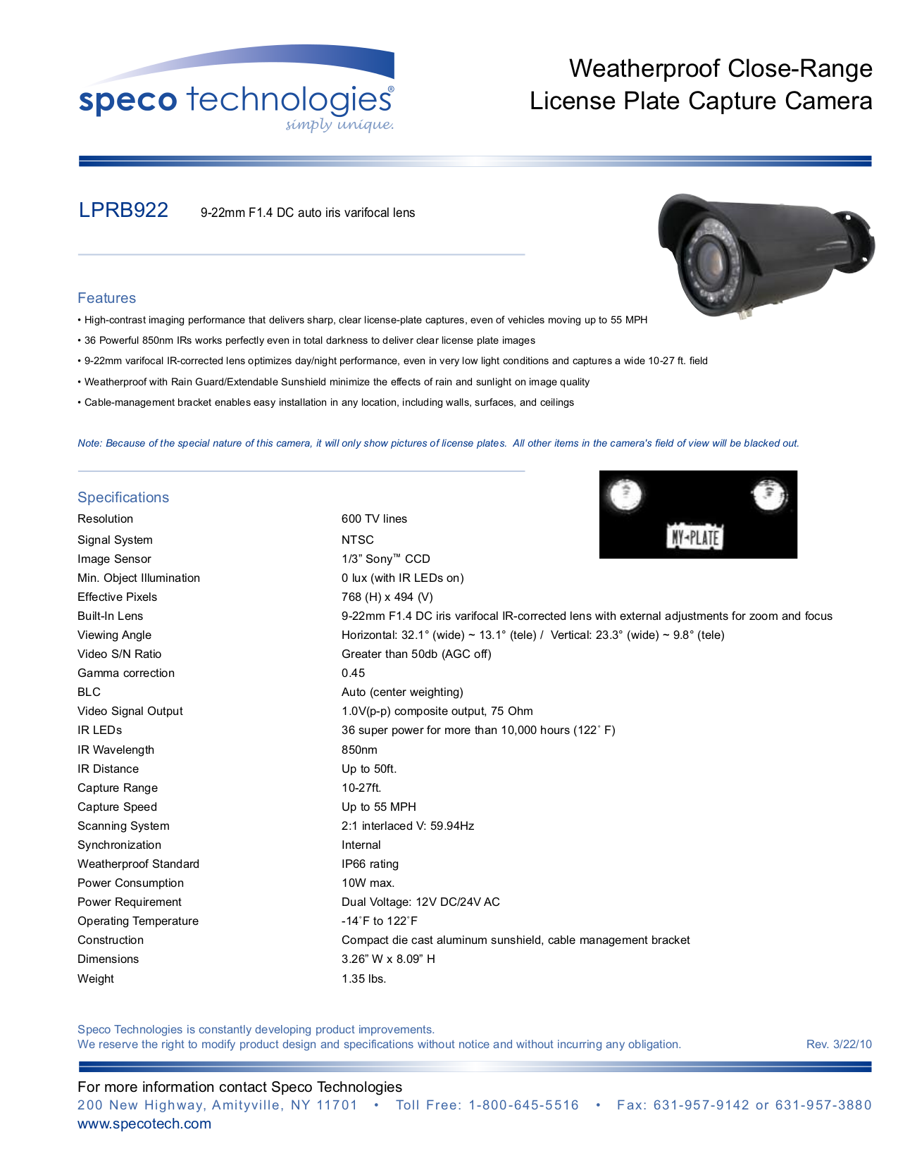 PDF manual for Speco Security Camera LPRB922