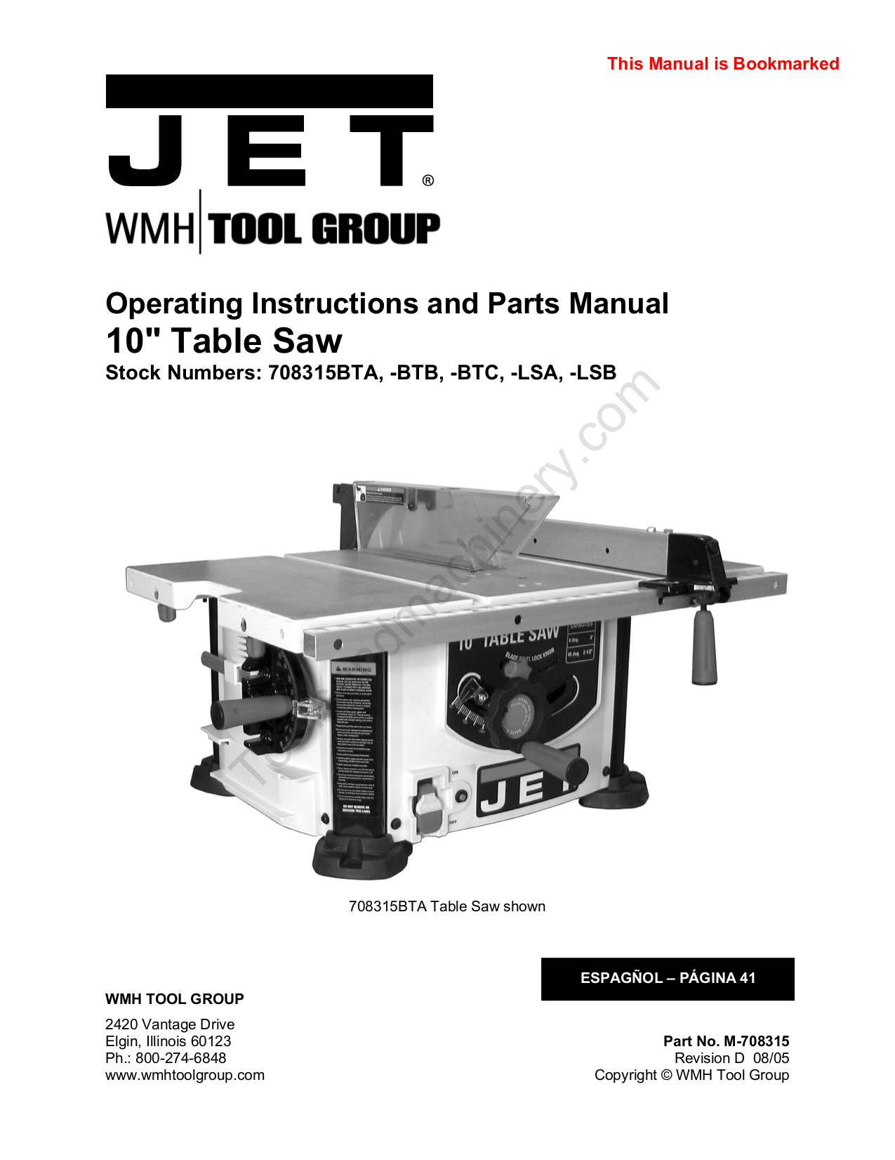 Download free pdf for Jet 708315LSB Table Saw Other manual
