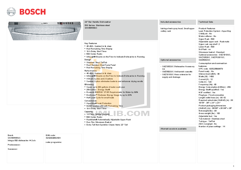 Download free pdf for Bosch SHX55R55UC Dishwasher manual
