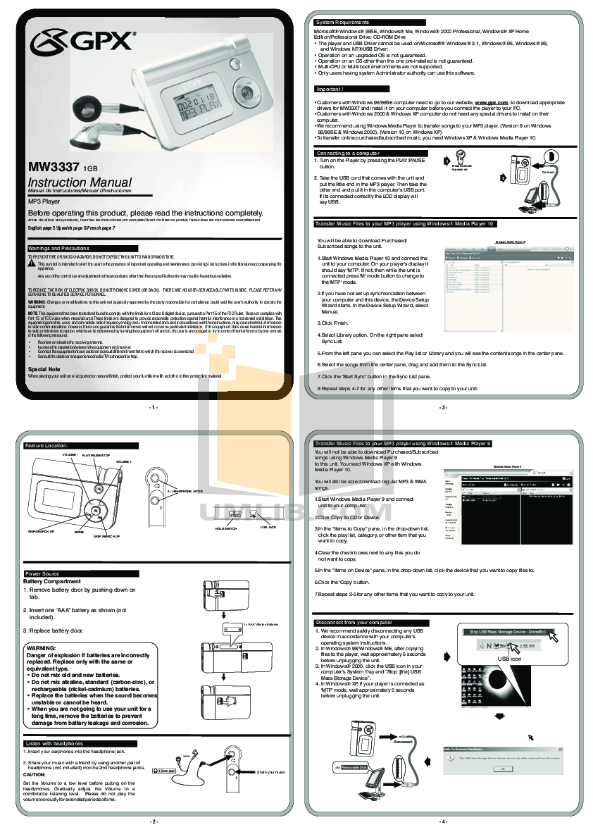 Download free pdf for GPX MW3337 MP3 Player manual