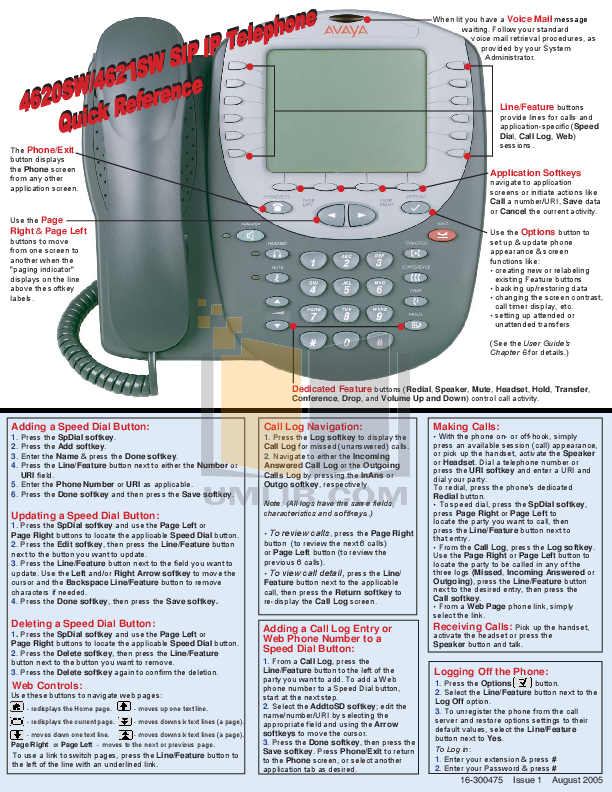 Download free pdf for Avaya 4620 Telephone manual