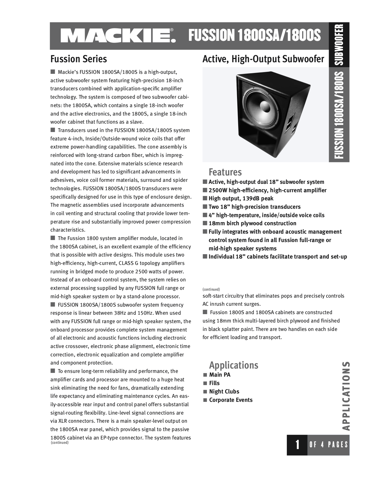 Download free pdf for Mackie Fussion Series 1800S Subwoofer manual