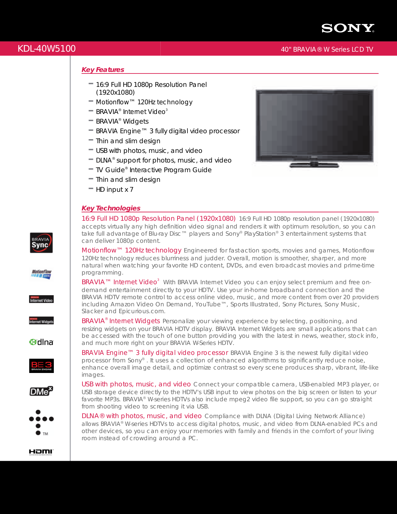 Download free pdf for Sony BRAVIA KDL-40W5100 TV manual