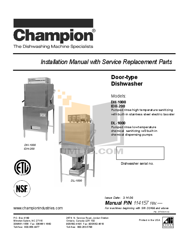 Download free pdf for Champion DL1000 Dishwasher manual