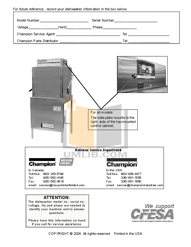 PDF manual for Champion Dishwasher DL1000