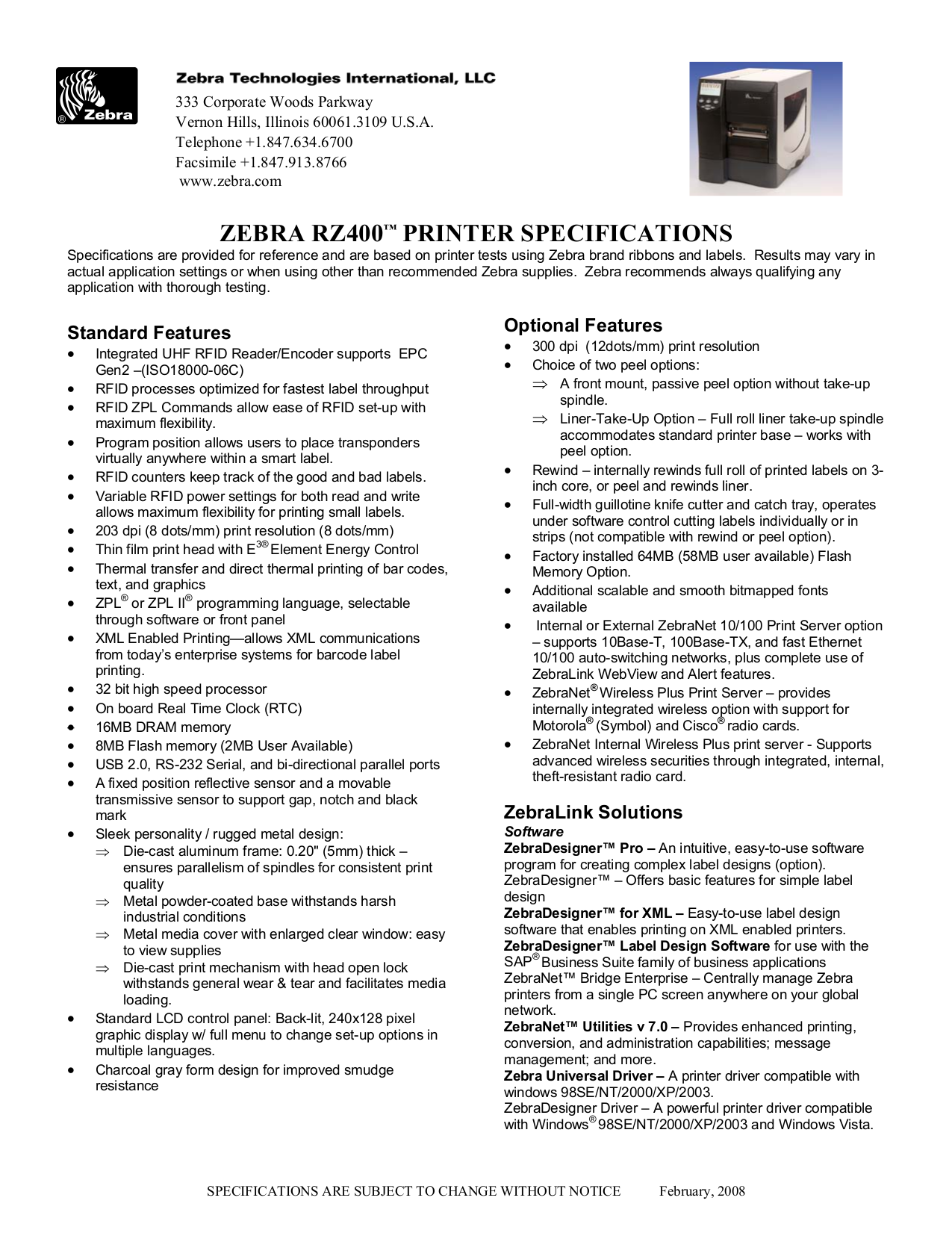 Download free pdf for Zebra RZ400 Printer manual
