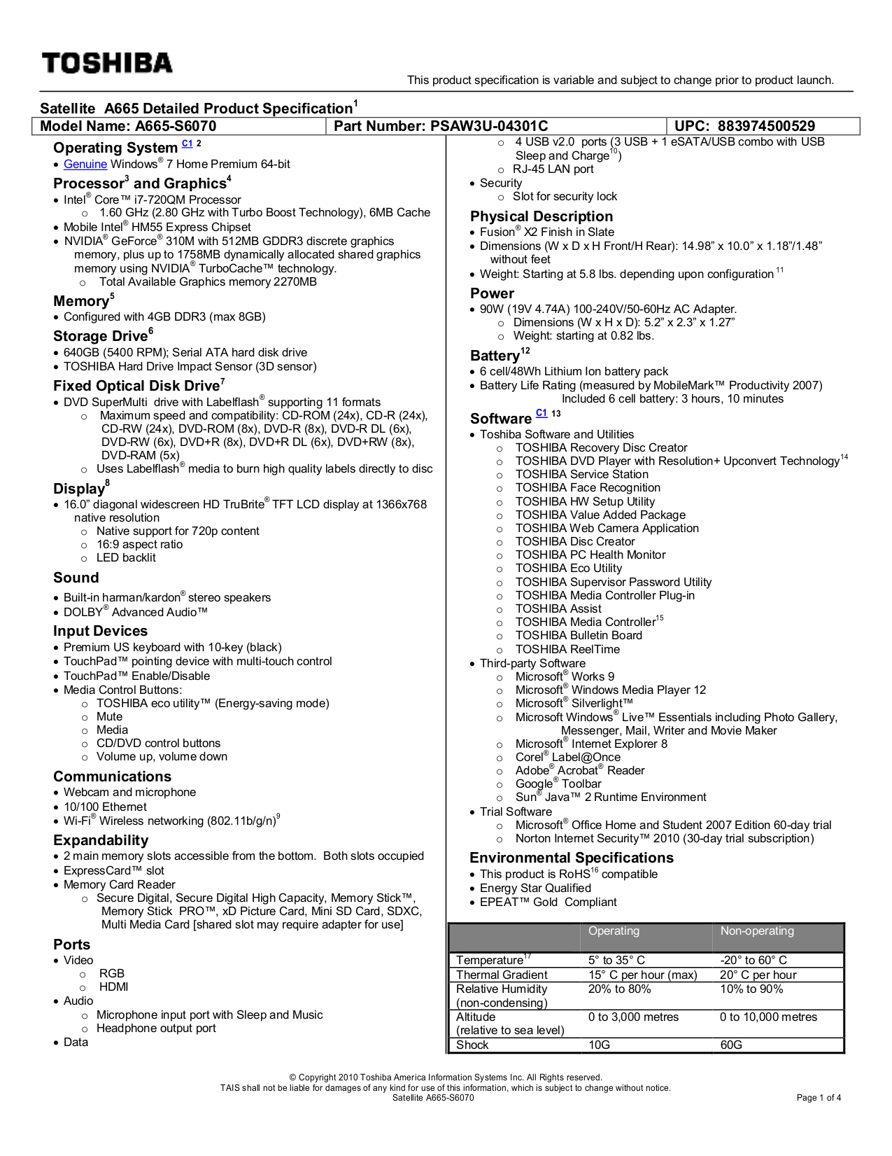 Download free pdf for Toshiba Satellite A665-S6070 Laptop manual