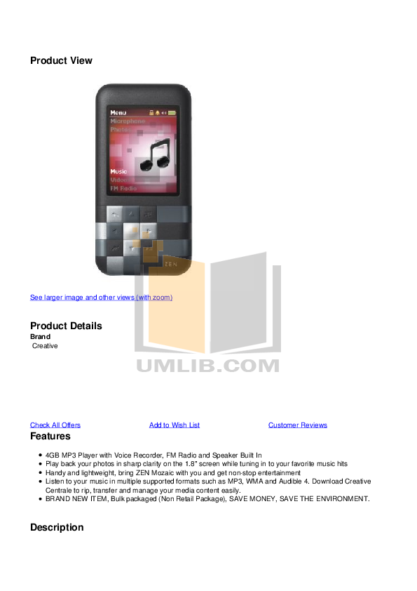 PDF manual for Creative MP3 Player ZEN Zen Mozaic 4GB
