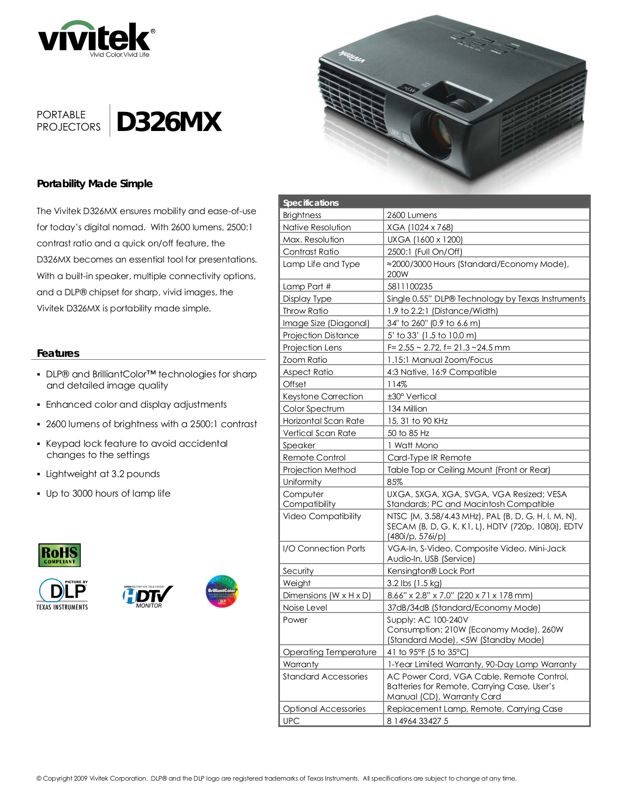 Download free pdf for Vivitek D326MX Projector manual