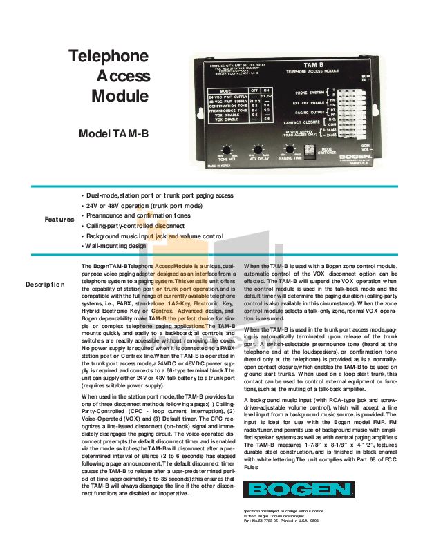 Download Free Pdf For Bogen TAM-B Telephone Access Module Other Manual