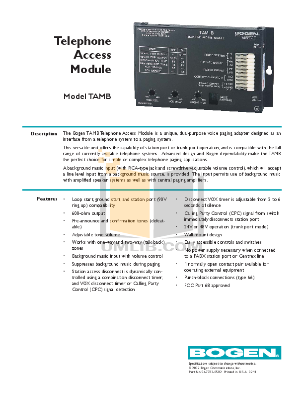 Download Free Pdf For Bogen TAM-B Telephone Access Module Other Manual