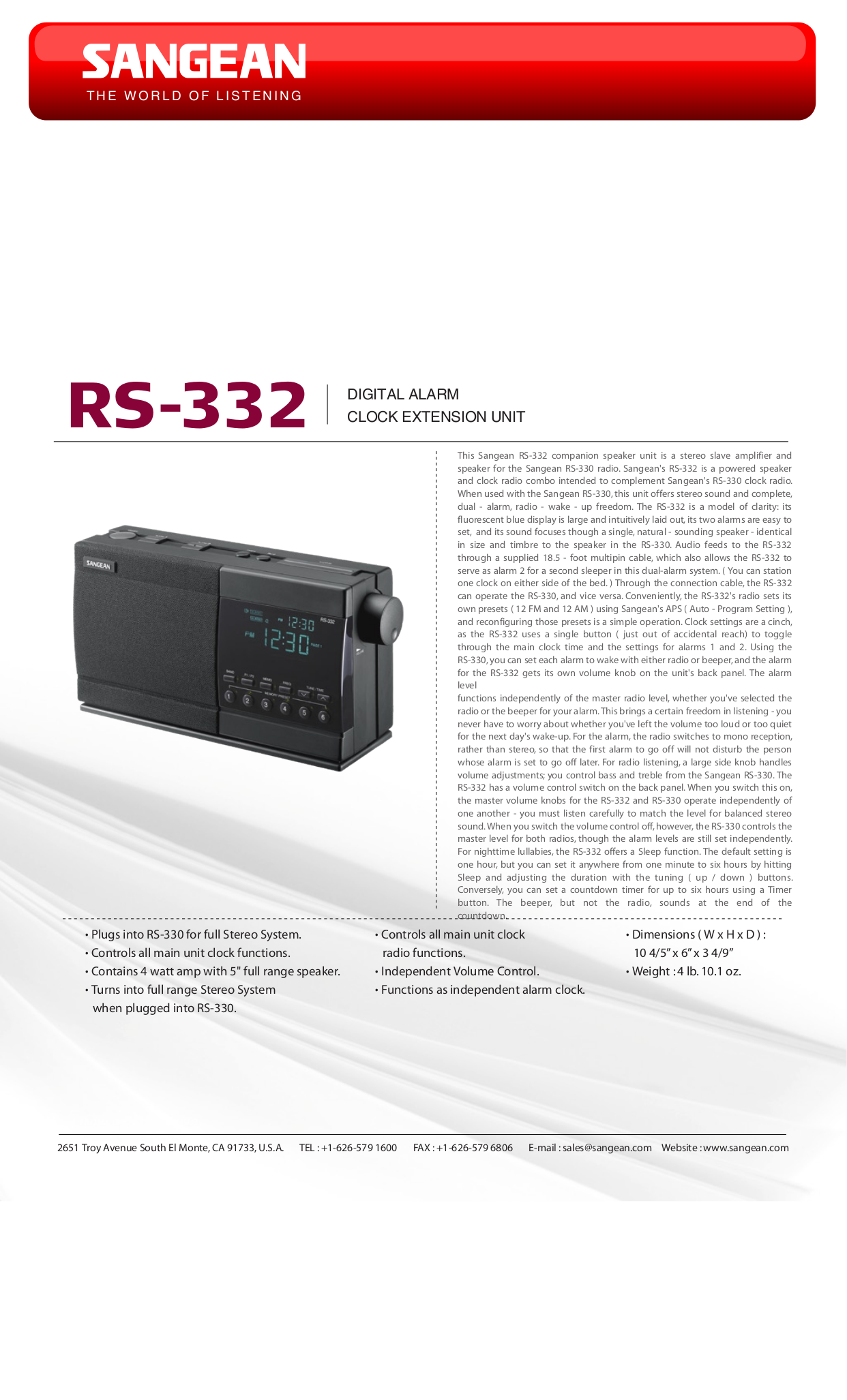 Download free pdf for Sangean RS332 Clock Radio manual