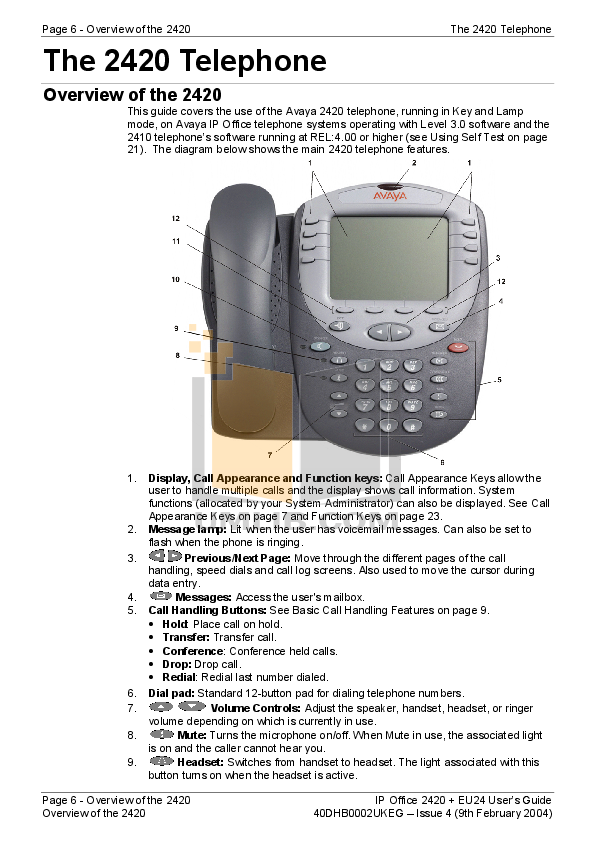 PDF manual for Avaya Telephone 2420