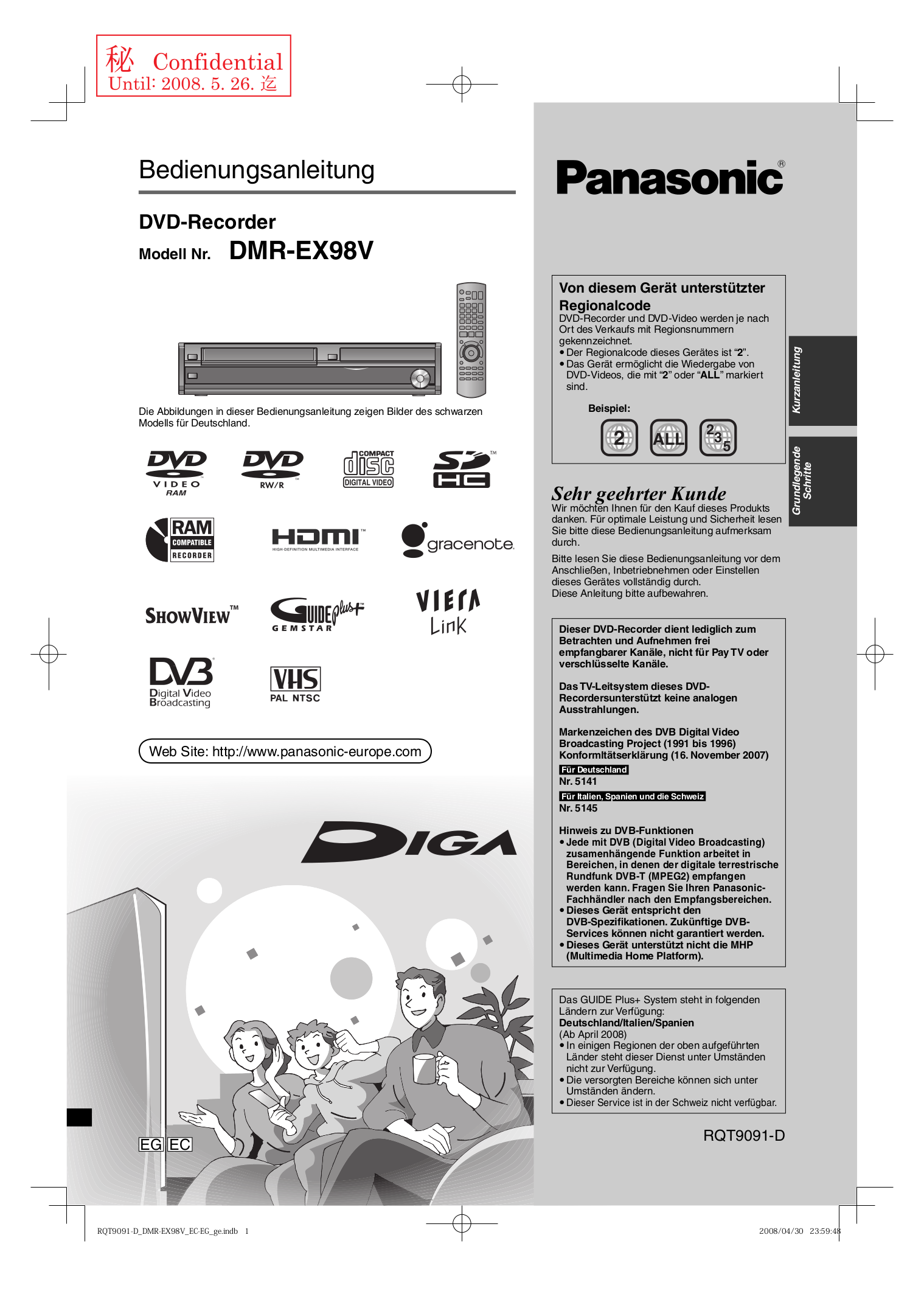 Download free pdf for Panasonic Diga DMRE75 DVD Players manual