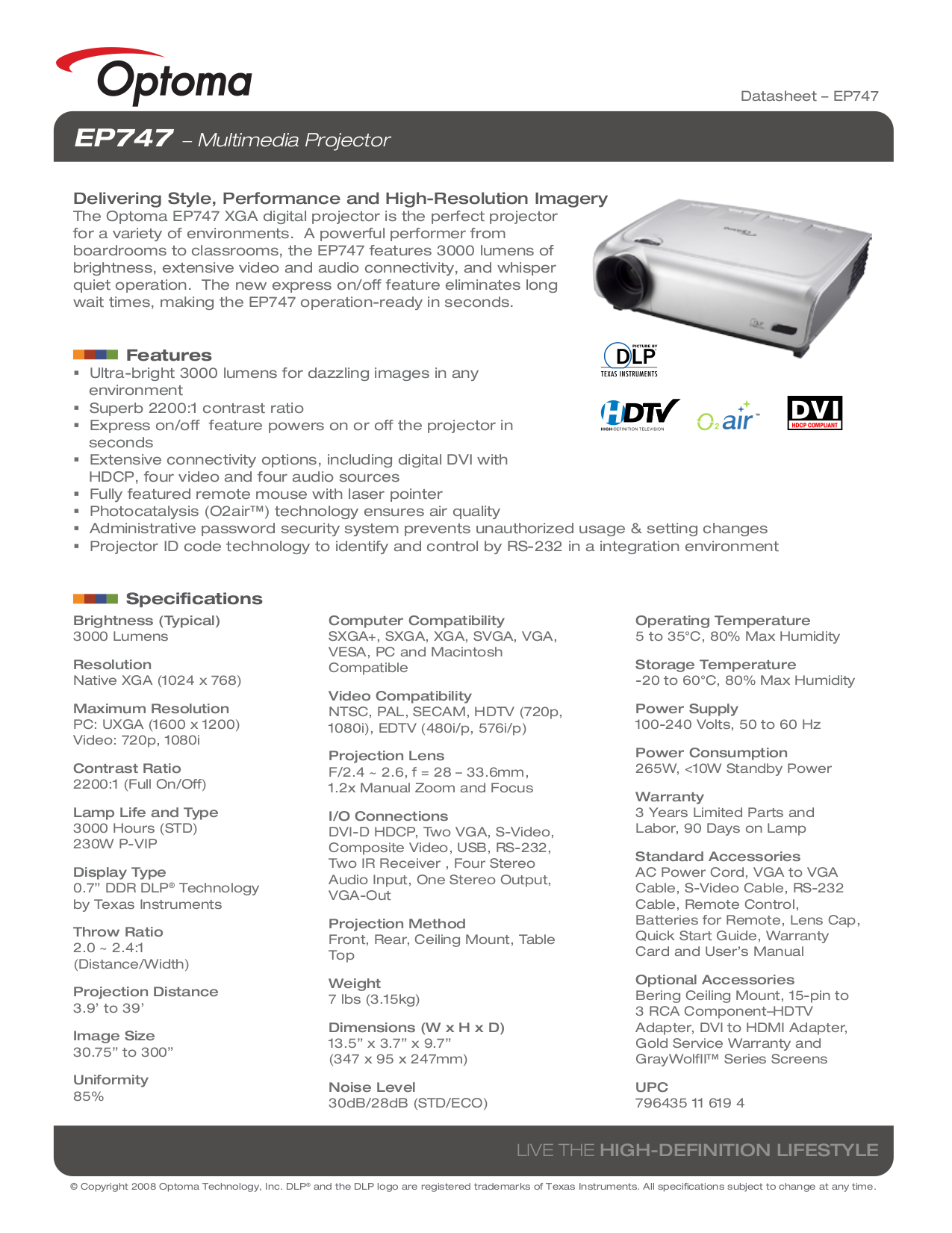 Download free pdf for Optoma EP747 Projector manual